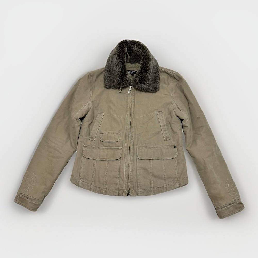 VTG Black Rivet Faux Fur Collar Utility Jacket Medium Aviator Moto Military Y2K‎